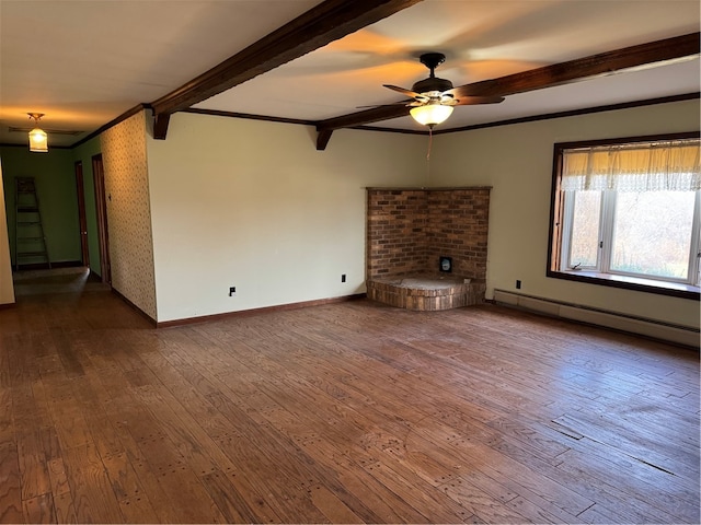 unfurnished living room featuring ornamental molding, ceiling fan, a baseboard heating unit, beamed ceiling, and hardwood / wood-style floors