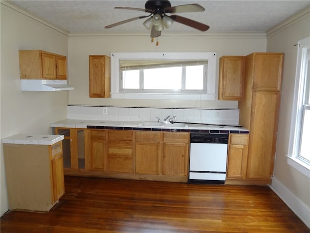 kitchen with dishwasher, crown molding, sink, dark hardwood / wood-style floors, and ceiling fan