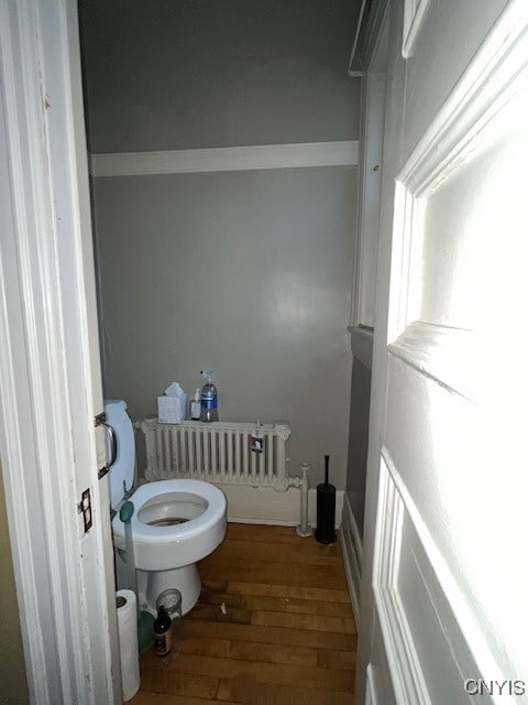 bathroom with radiator heating unit, wood-type flooring, and toilet