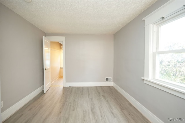 empty room featuring a wealth of natural light, light hardwood / wood-style flooring, and a textured ceiling