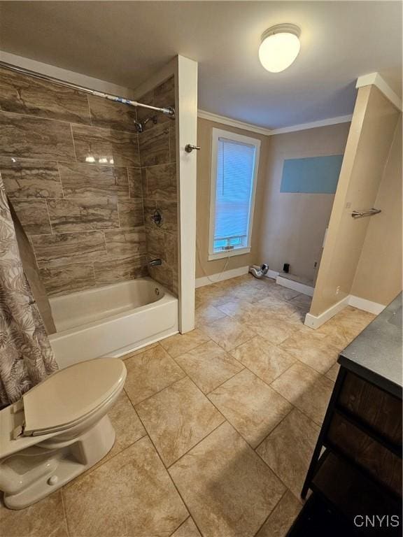 802 W End Ave, Wilna, NY 13619 - bathroom with toilet, shower / bathtub combination with curtain, vanity, crown molding, and baseboards
