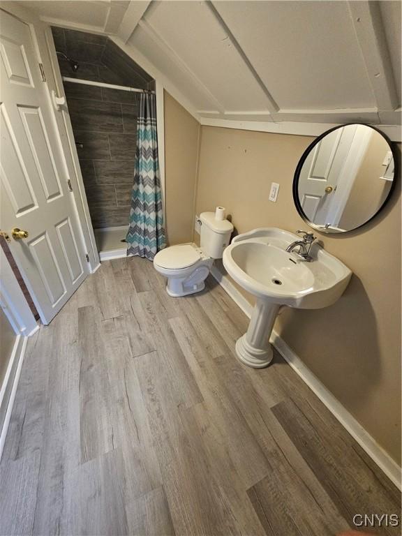 802 W End Ave, Wilna, NY 13619 - full bathroom featuring wood finished floors, a stall shower, toilet, vaulted ceiling, and a sink