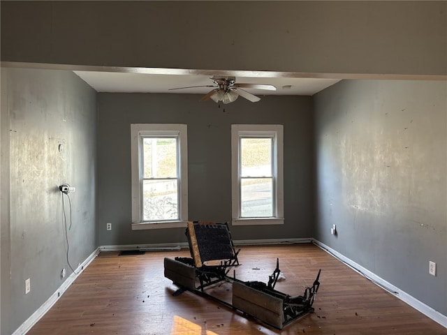 exercise room with ceiling fan and hardwood / wood-style flooring