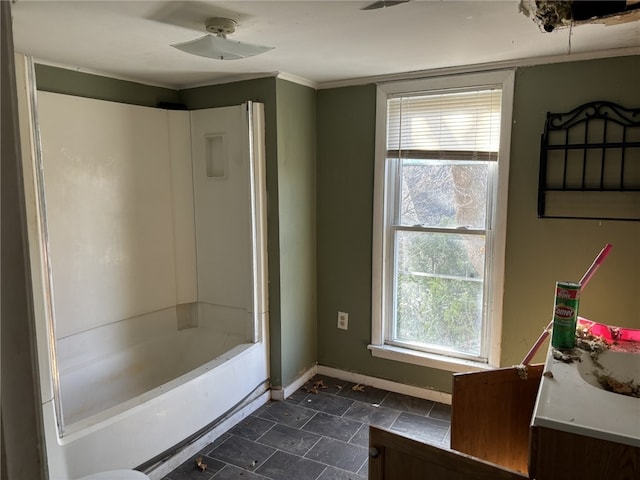 bathroom featuring vanity and washtub / shower combination