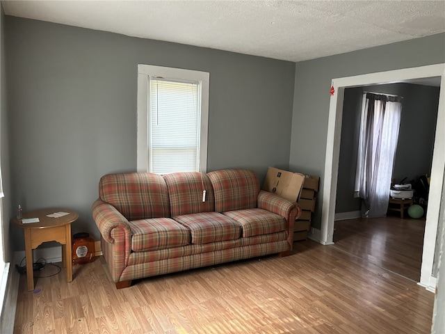 living room featuring a textured ceiling, hardwood / wood-style floors, and plenty of natural light