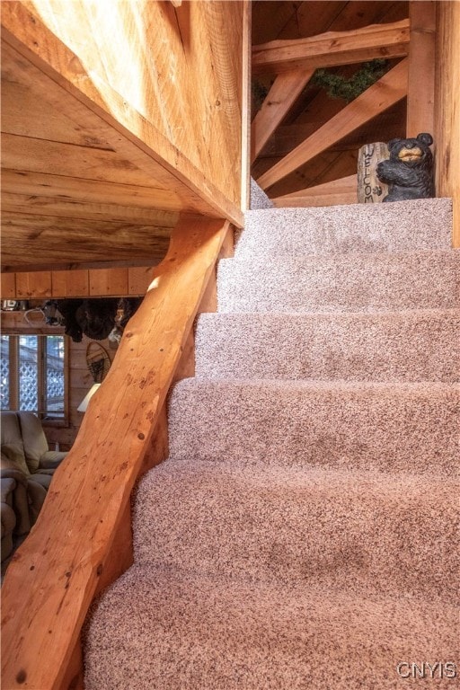 stairway featuring carpet flooring and wooden ceiling