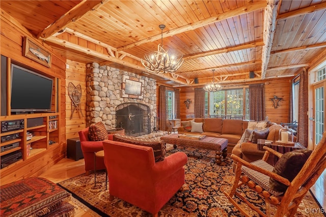 living room with wood-type flooring, wooden ceiling, and wood walls