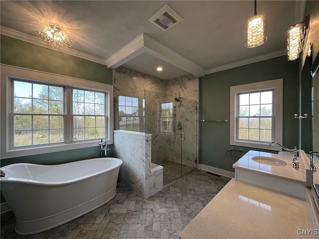 bathroom featuring vanity, separate shower and tub, and crown molding