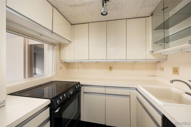 kitchen with black electric range oven, white cabinetry, and sink