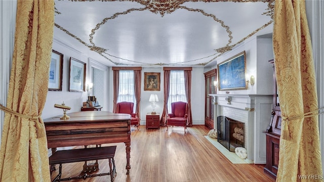 miscellaneous room with light hardwood / wood-style floors, crown molding, and a fireplace