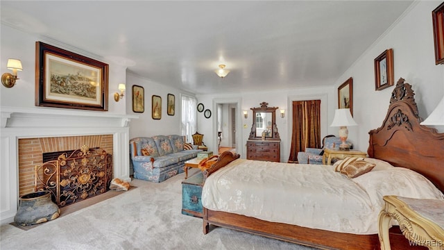 bedroom with a fireplace, carpet, and ornamental molding