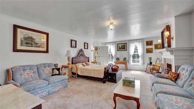 living room with light colored carpet and crown molding