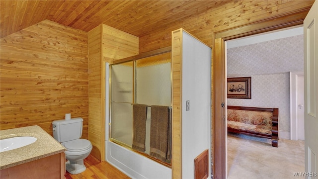 full bathroom with bath / shower combo with glass door, vaulted ceiling, wooden walls, wooden ceiling, and toilet