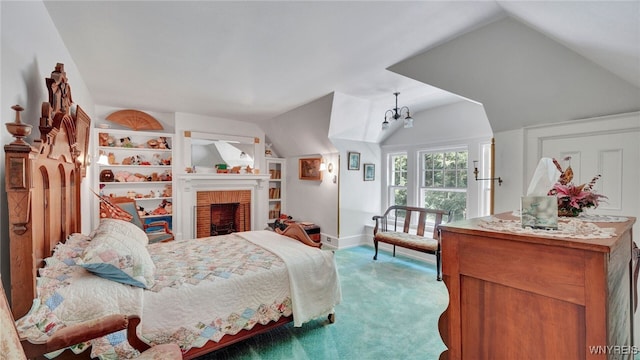 carpeted bedroom with a fireplace and lofted ceiling