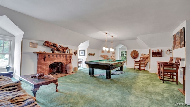 playroom featuring a brick fireplace, carpet floors, vaulted ceiling, and pool table