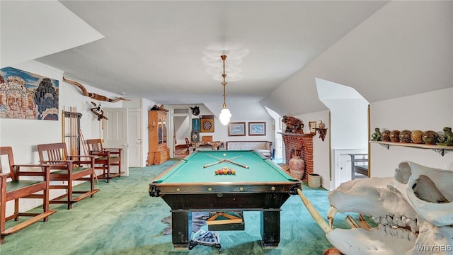 playroom with carpet, pool table, and vaulted ceiling