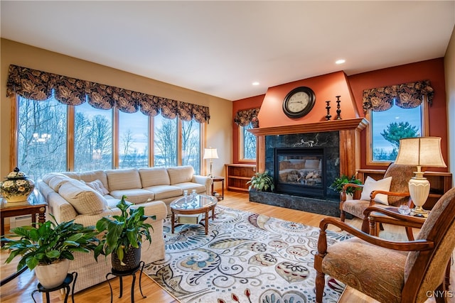 living room with light wood-type flooring and a premium fireplace