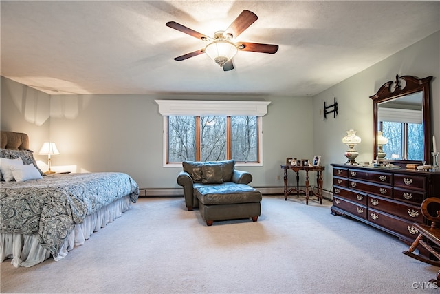 bedroom with carpet flooring, baseboard heating, and ceiling fan