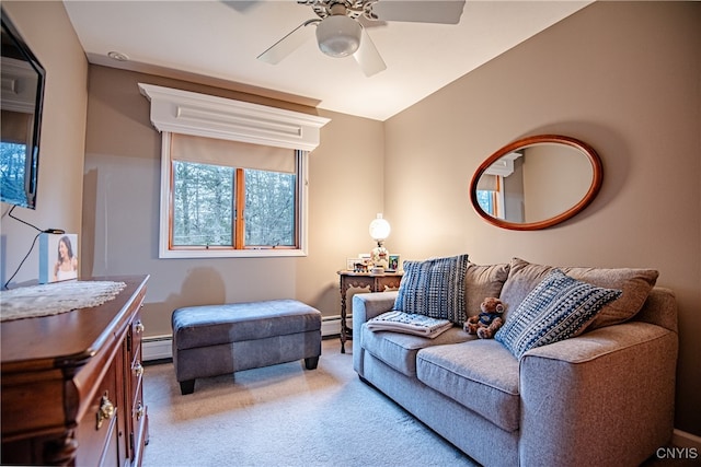 carpeted living room featuring vaulted ceiling, ceiling fan, and a baseboard heating unit