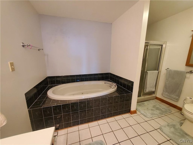 bathroom with tile patterned flooring, toilet, and plus walk in shower