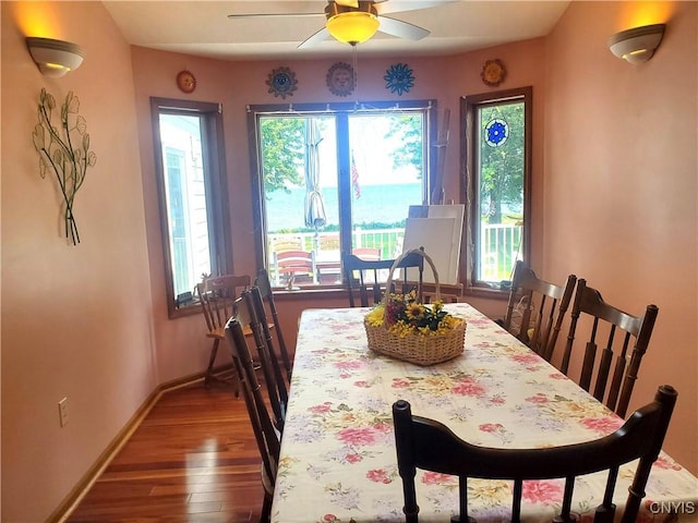 dining area featuring hardwood / wood-style floors and ceiling fan