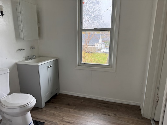 bathroom with wood-type flooring, vanity, and toilet