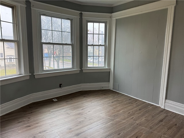 spare room featuring light hardwood / wood-style floors and ornamental molding