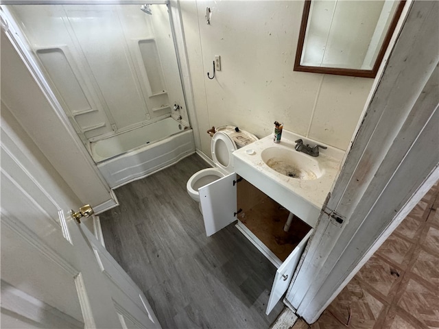 full bathroom featuring shower / tub combination, hardwood / wood-style floors, vanity, and toilet