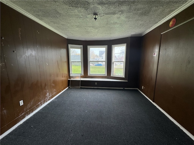 empty room featuring a textured ceiling, carpet floors, ornamental molding, and wood walls