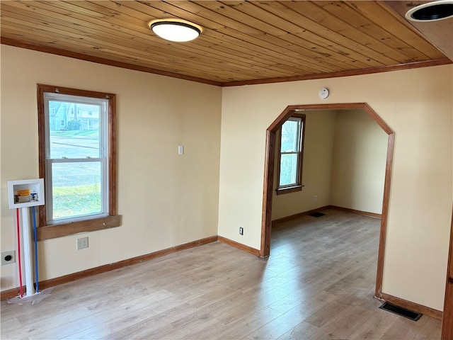 additional living space with wood ceiling and light hardwood / wood-style flooring