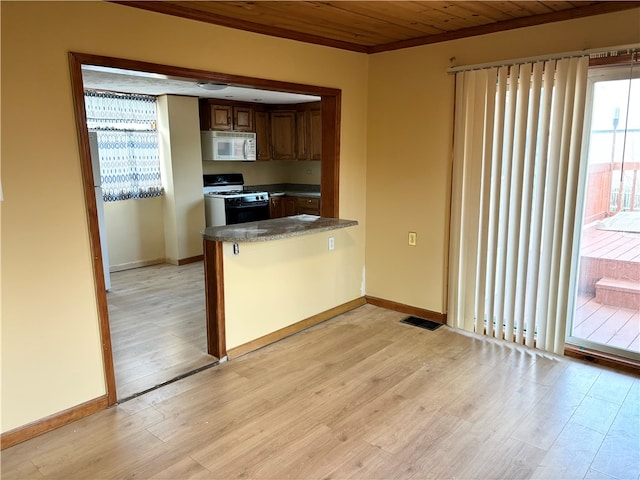 kitchen featuring kitchen peninsula, light wood-type flooring, white appliances, wood ceiling, and ornamental molding