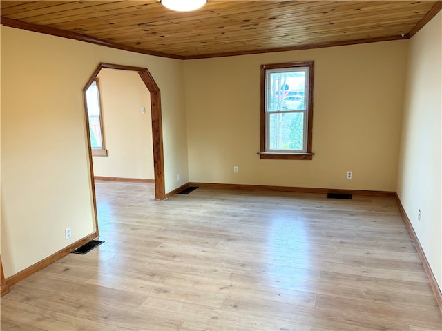 spare room featuring ornamental molding, wood ceiling, and light hardwood / wood-style floors