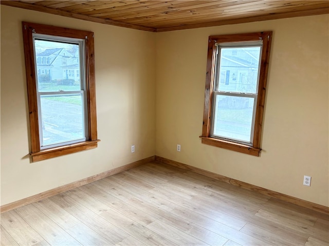 empty room with light wood-type flooring and wooden ceiling