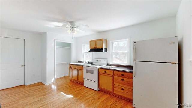 kitchen featuring light wood finished floors, baseboards, ceiling fan, under cabinet range hood, and white appliances