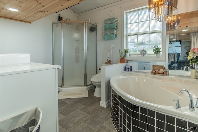 bathroom featuring toilet, wood ceiling, shower with separate bathtub, and a notable chandelier