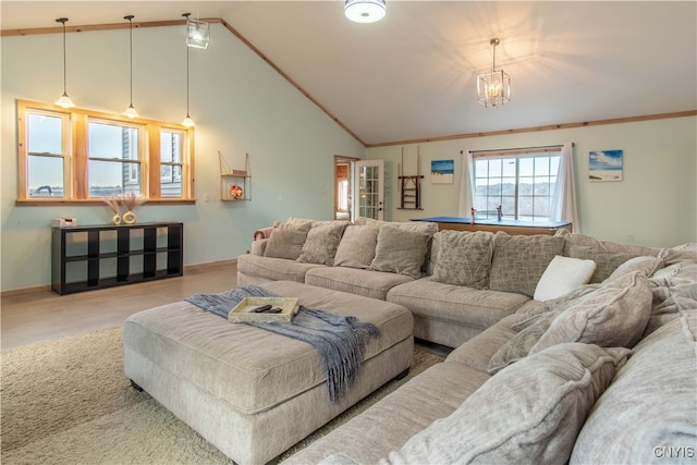 living room with high vaulted ceiling and wood-type flooring