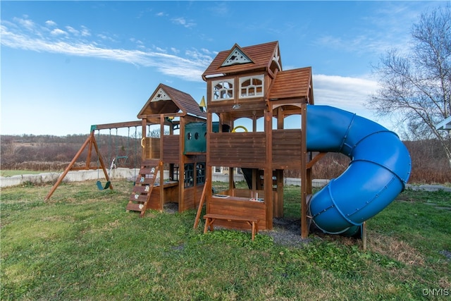 view of jungle gym with a lawn