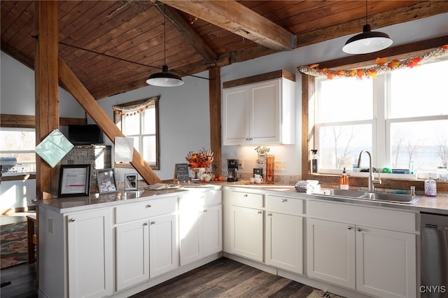 kitchen with decorative light fixtures, a healthy amount of sunlight, wooden ceiling, and sink