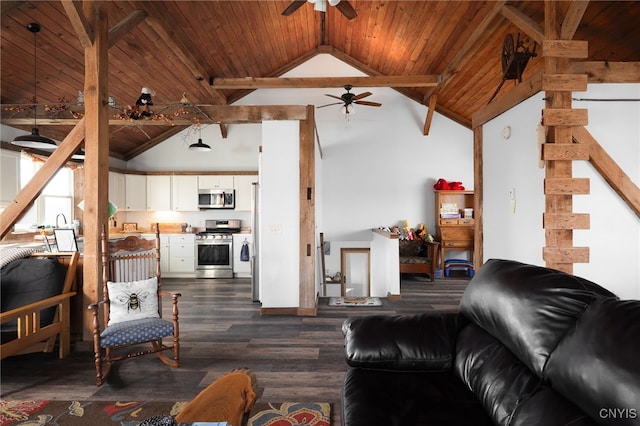 living room with ceiling fan, dark hardwood / wood-style flooring, and wooden ceiling