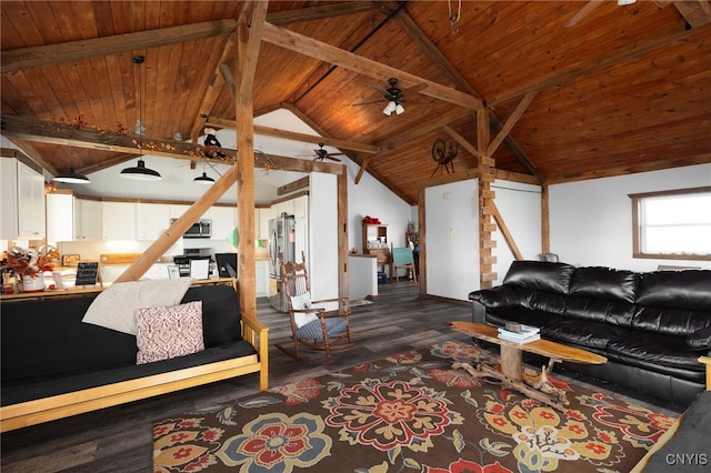 living room featuring beam ceiling, wood ceiling, and dark hardwood / wood-style floors