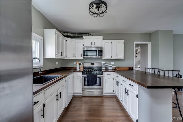 kitchen featuring sink, dark wood-type flooring, kitchen peninsula, white cabinets, and appliances with stainless steel finishes