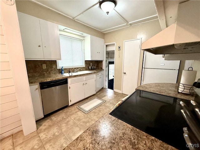 kitchen featuring ventilation hood, dishwasher, sink, and white cabinets