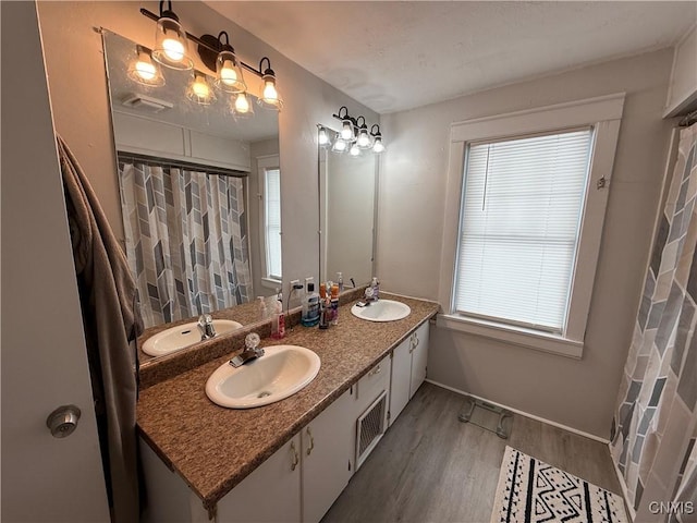 bathroom with vanity, wood-type flooring, and plenty of natural light