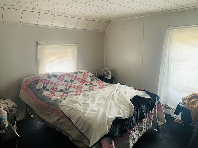 bedroom featuring vaulted ceiling and multiple windows