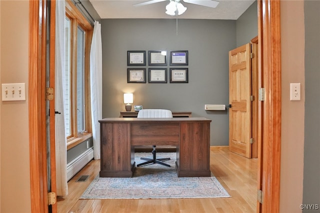 home office featuring light hardwood / wood-style floors, ceiling fan, and a baseboard heating unit