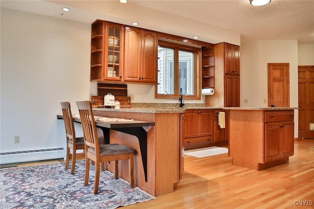 bar featuring light stone countertops, a baseboard radiator, and light hardwood / wood-style flooring