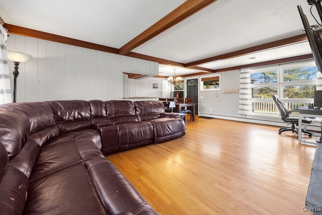 living room featuring wood walls, an inviting chandelier, a baseboard radiator, beamed ceiling, and light hardwood / wood-style floors