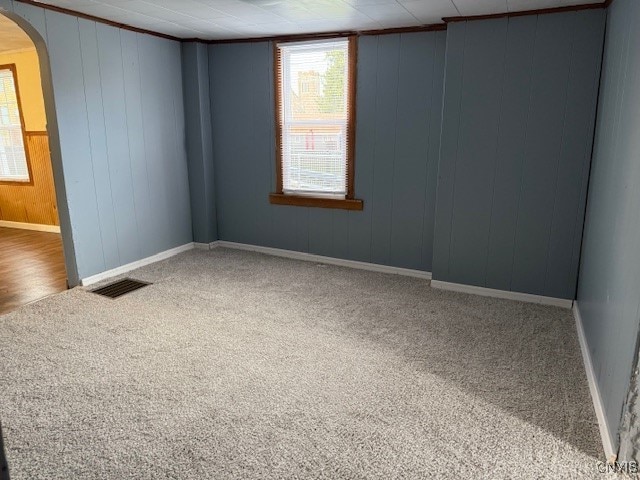 carpeted empty room with wood walls