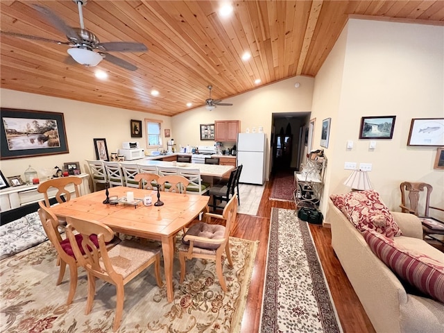 dining room featuring wooden ceiling, light hardwood / wood-style flooring, and lofted ceiling