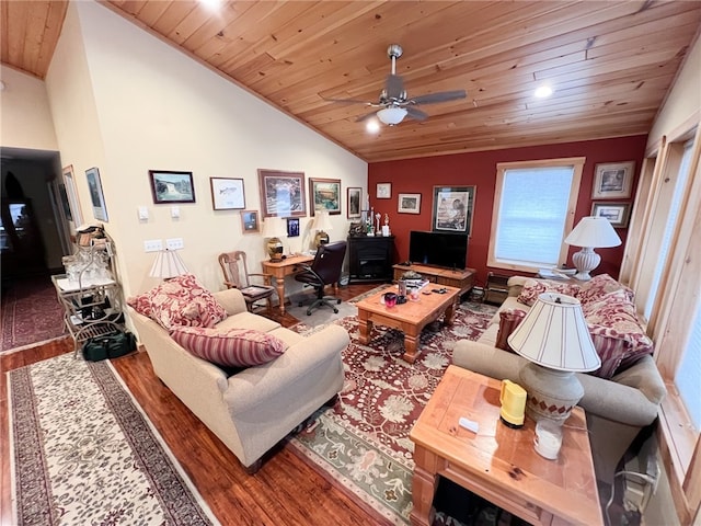 living room with ceiling fan, hardwood / wood-style floors, wood ceiling, and lofted ceiling